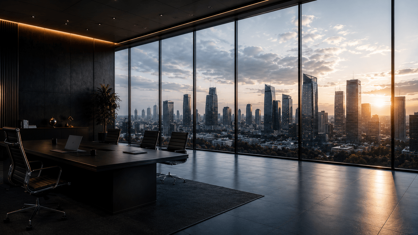 Lazanti Global office overlooking a city skyline